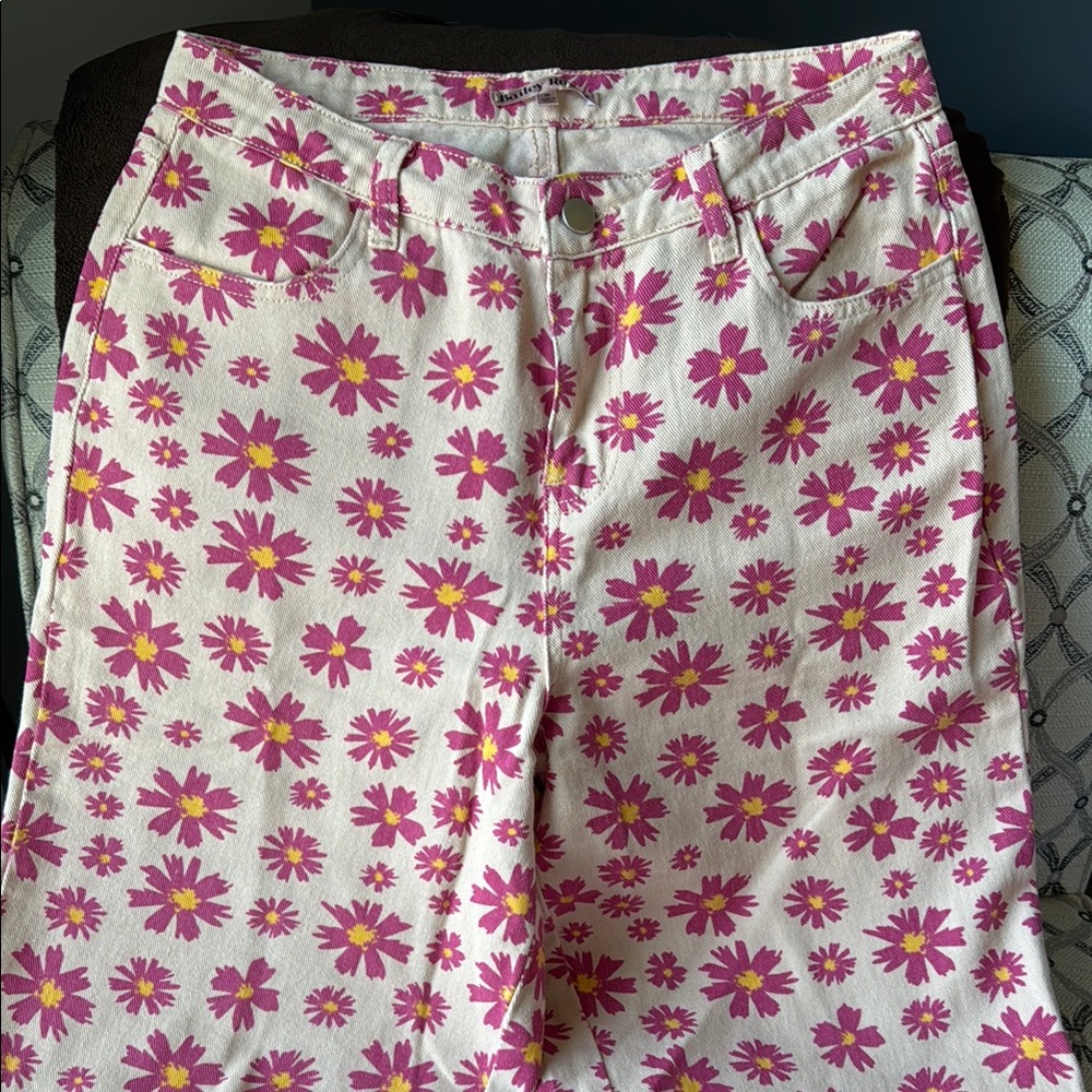 Floral Pink and Yellow Wide Leg Denim Pants
